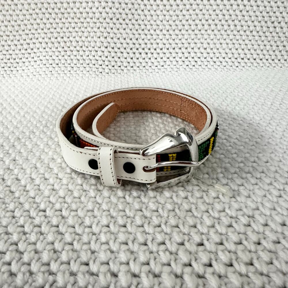 Justin USA Top Grain Cowhide White Leather Aztec Beaded Vintage Belt 30 513WT